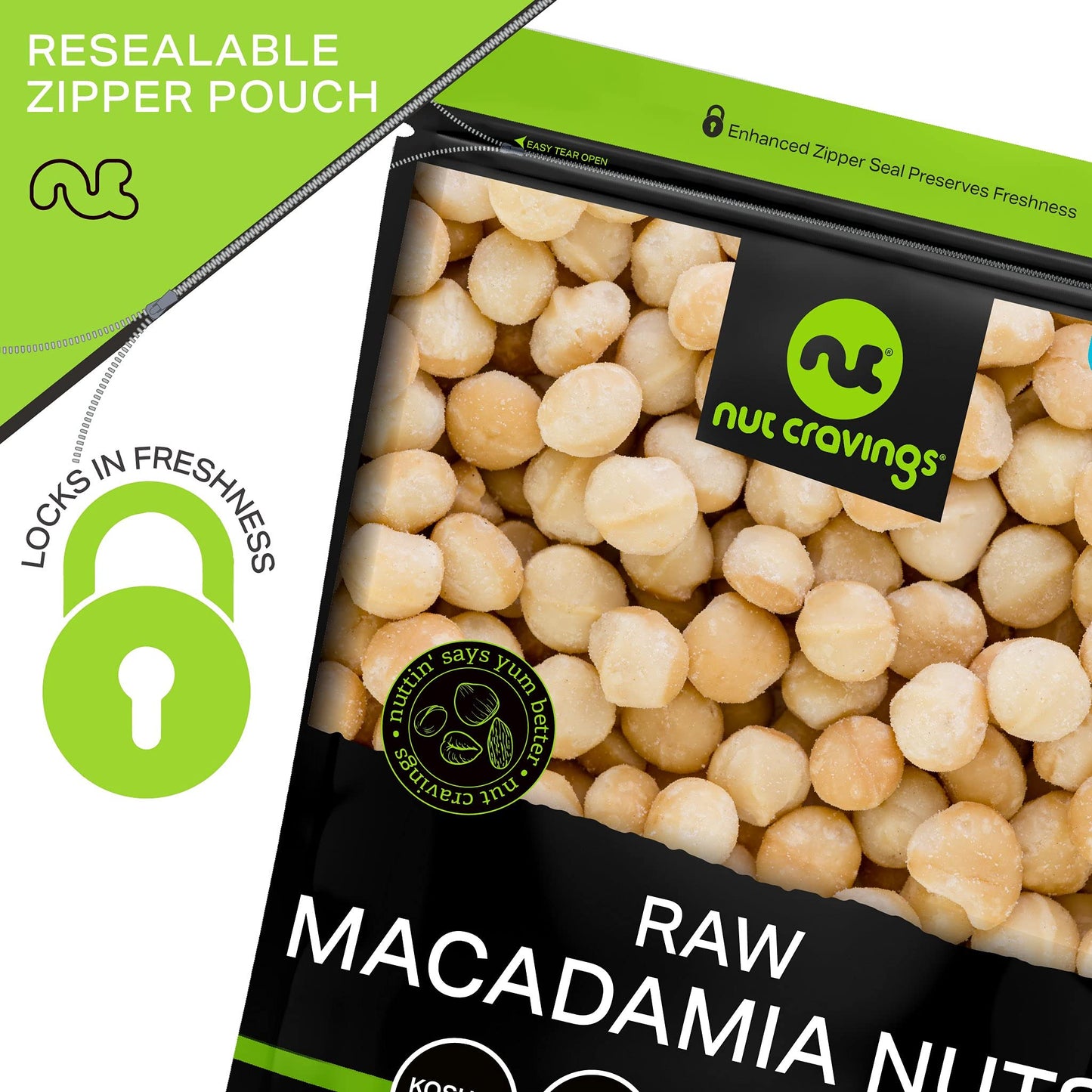NUT CRAVINGS - Raw Macadamia Nuts, Unsalted, Shelled, (32oz - 2 LB) Bulk Nuts Packed Fresh in Resealable Bag - Kosher Healthy Sn