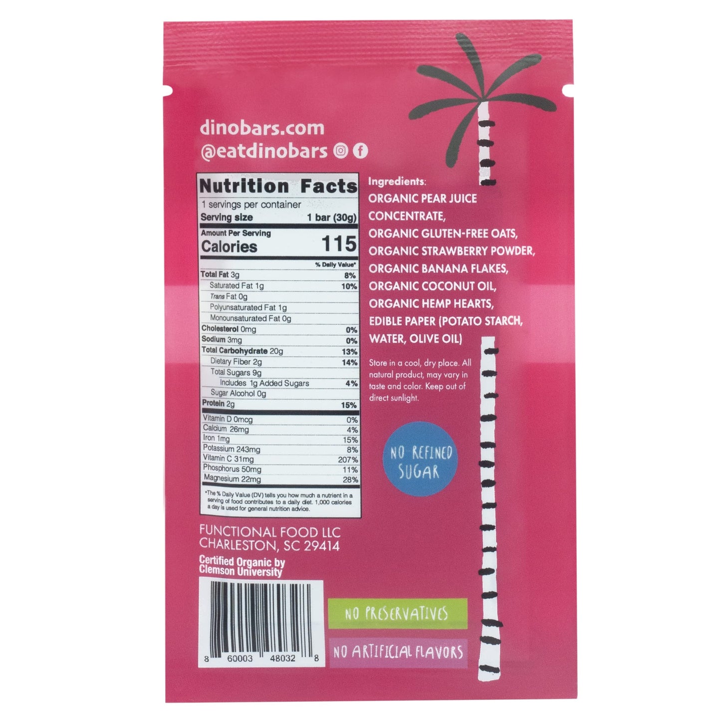 DINO BARS Organic Fruit Bar for Kids, Strawberry Flavor, 20 Count Pack