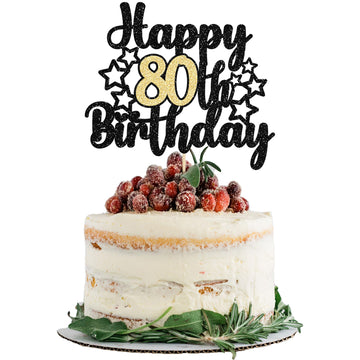 Gyufise Happy 80Th Birthday Cake Topper, 1Pc, 80 & Fabulous, Black And Gold Glitter, Topper For Anniversary And Birthday Party D