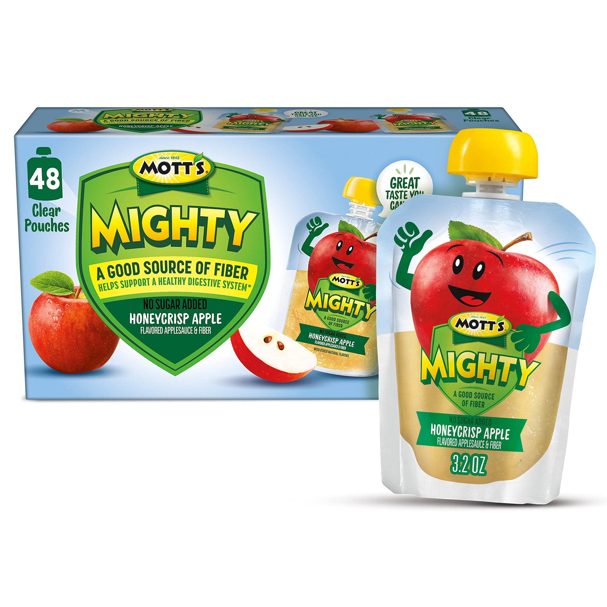 Mott'S Mighty Honeycrisp Apple Applesauce, 3.2 Oz Clear Pouches, 48 Count (4 Packs Of 12), No Sugar Added, Good Source Of Fiber,