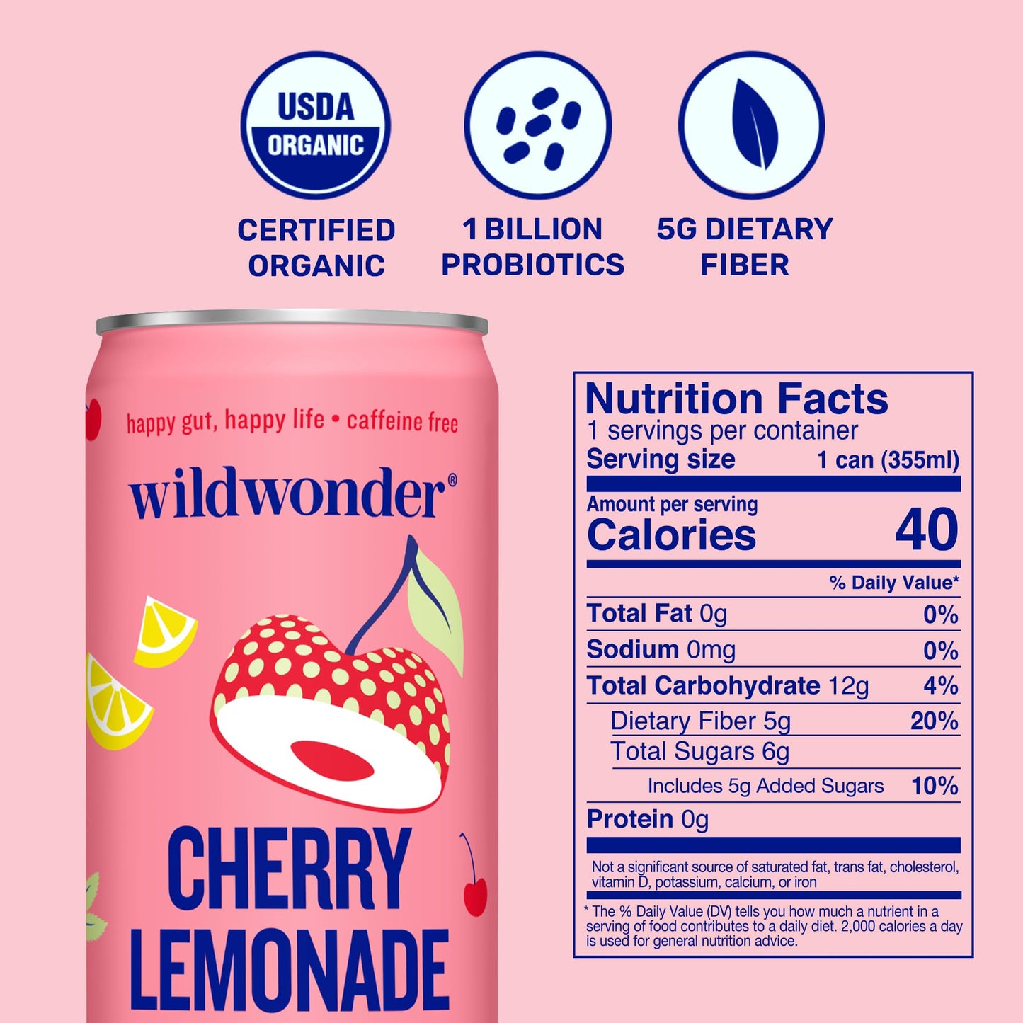 NEW! wildwonder Sparkling Probiotic Drink 12pk  For Gut Health & Immune Support  Cherry Lemonade  5g Prebiotic Fiber  Live Probiotics  Organic  Vegan  Low Sugar  12 Pack  12oz Can  Seen on Shark Tank