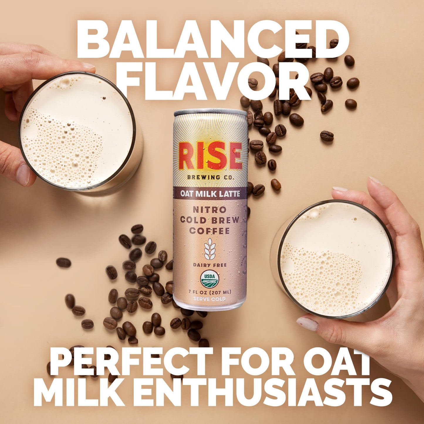 Rise Brewing Co. Oat Milk Nitro Cold Brew Latte, No Sugar Added & No Dairy, Organic & Non-Gmo, Low Acidity & Vegan, 7 Fl. Oz. Ca