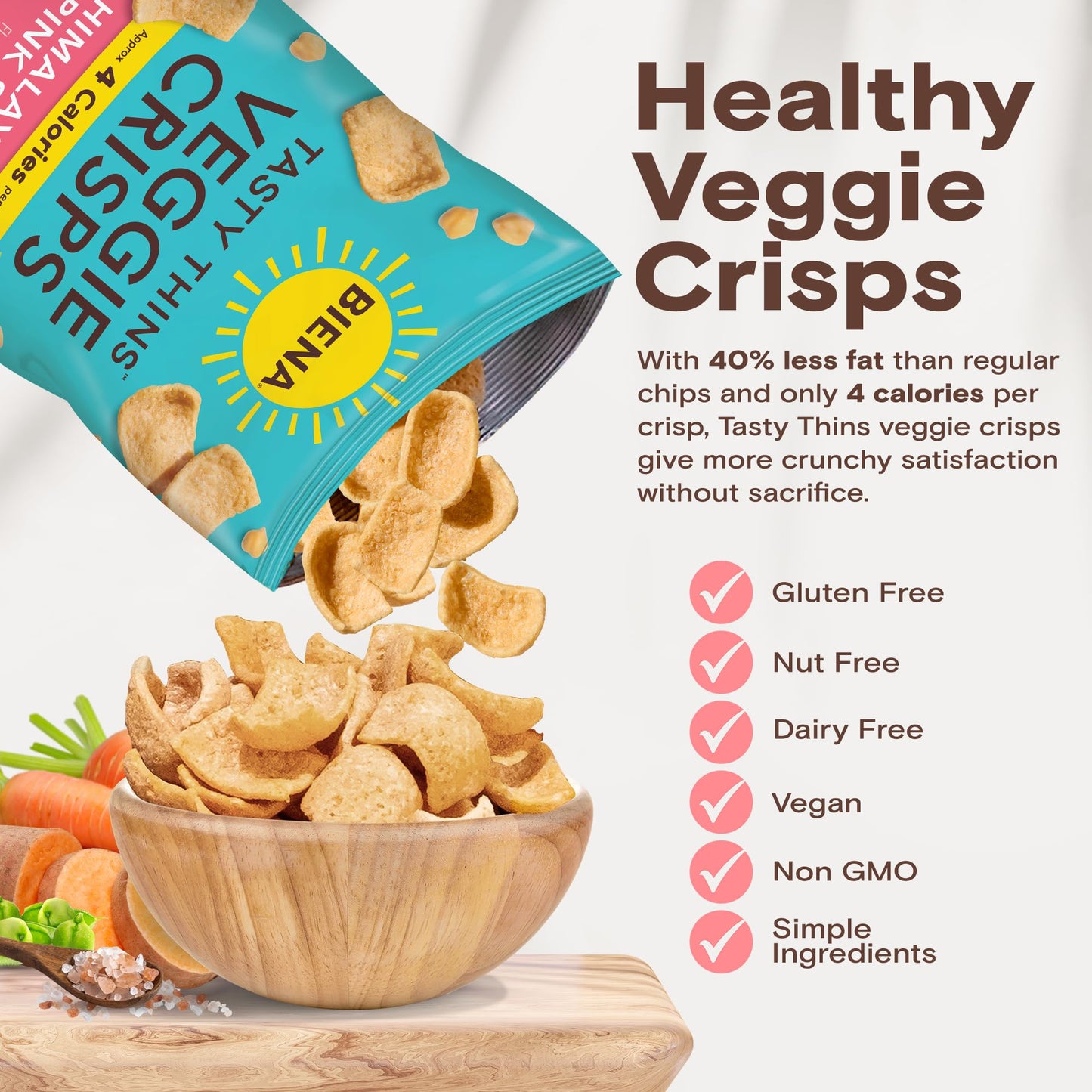 Biena Tasty Thins Veggie Crisps - Low Calorie Veggie Chips For Adults And Kids - 4-Pack, 4 Ounce Bags - Himalayan Pink Salt