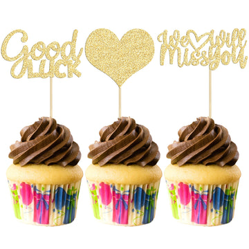 Gyufise 36Pcs Gold Glitter We Will Miss You Cupcake Toppers With Love Glitter Good Luck Cupcake Picks Going Away Farewell Retire
