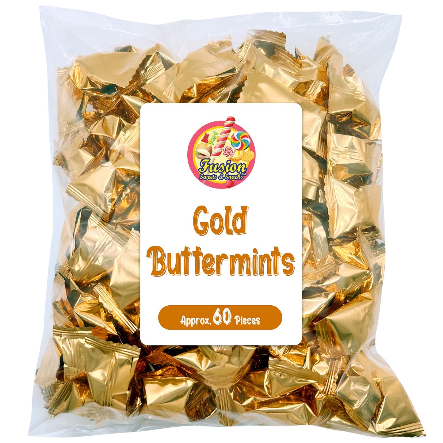 Gold Buttermints (Approx. 60 Count) - Butter Mints Individually Wrapped - Wedding Mints - Perfect For Thank You Gift, Engagement Parties, Bridal Showers, Rehearsal Dinners, Reception, And More