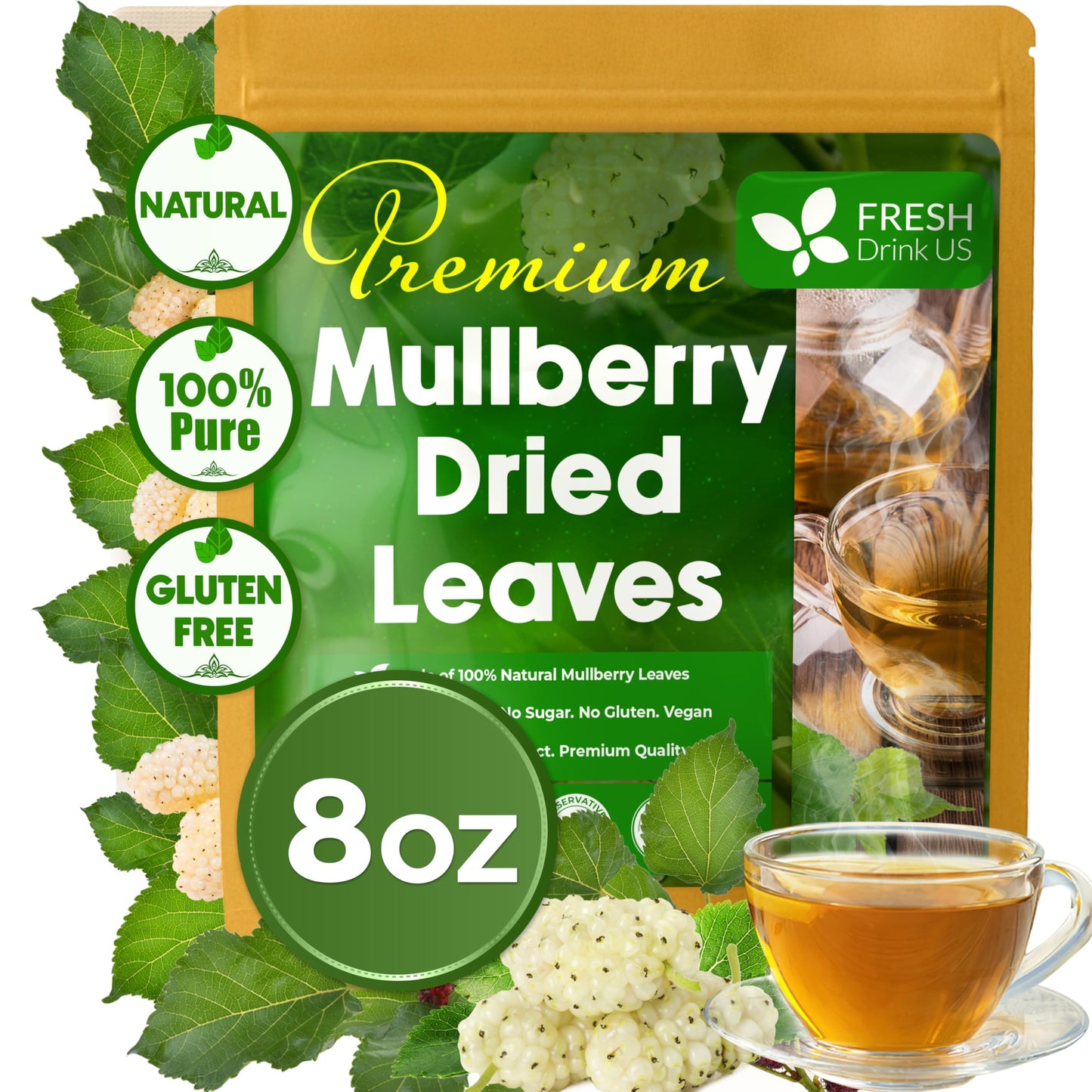 Freshdrinkus, Permium 8Oz Mulberry Leaves, 100% Natural & Pure From Mulberry Leaves, Loose Leaf Herbal Tea, No Additives, No Caffeine, Vegan
