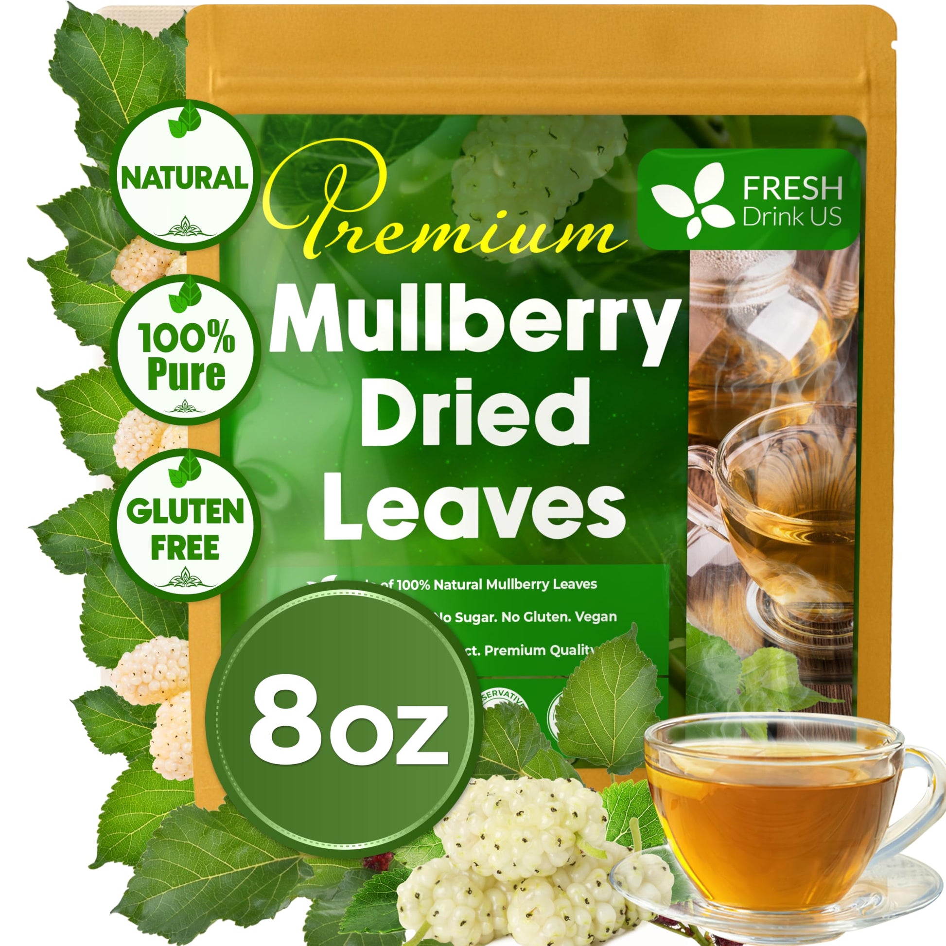 Freshdrinkus, Permium 8Oz Mulberry Leaves, 100% Natural & Pure From Mulberry Leaves, Loose Leaf Herbal Tea, No Additives, No Caffeine, Vegan