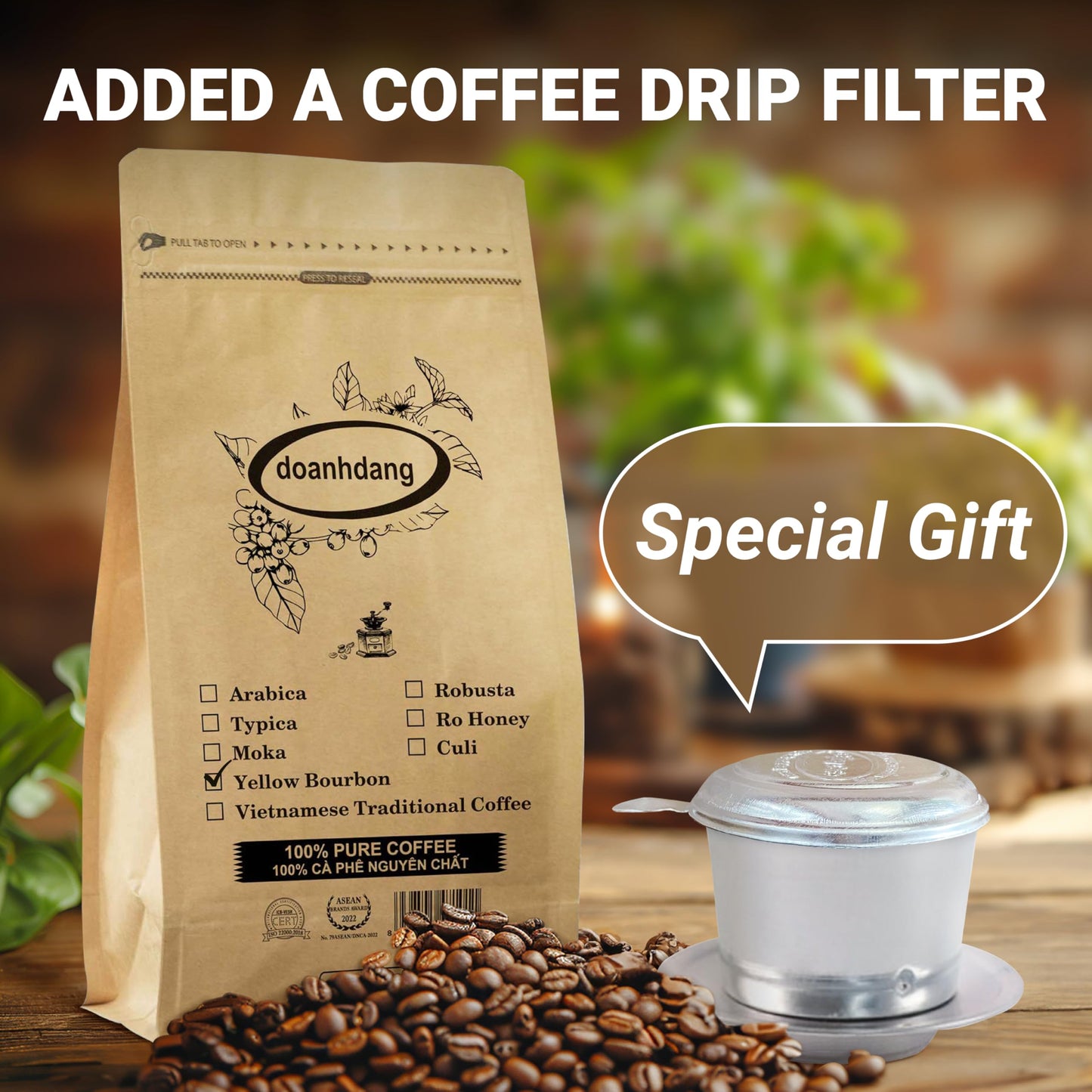 Doanhdang - 17.6 Oz Enhanced Yellow Spirit-Inspired Flavor Whole Bean Coffee, 100% Medium Roast, Rich Flavor For Espresso Shot And Brew, Origin From Vietnam, Whole Med Roast Beans