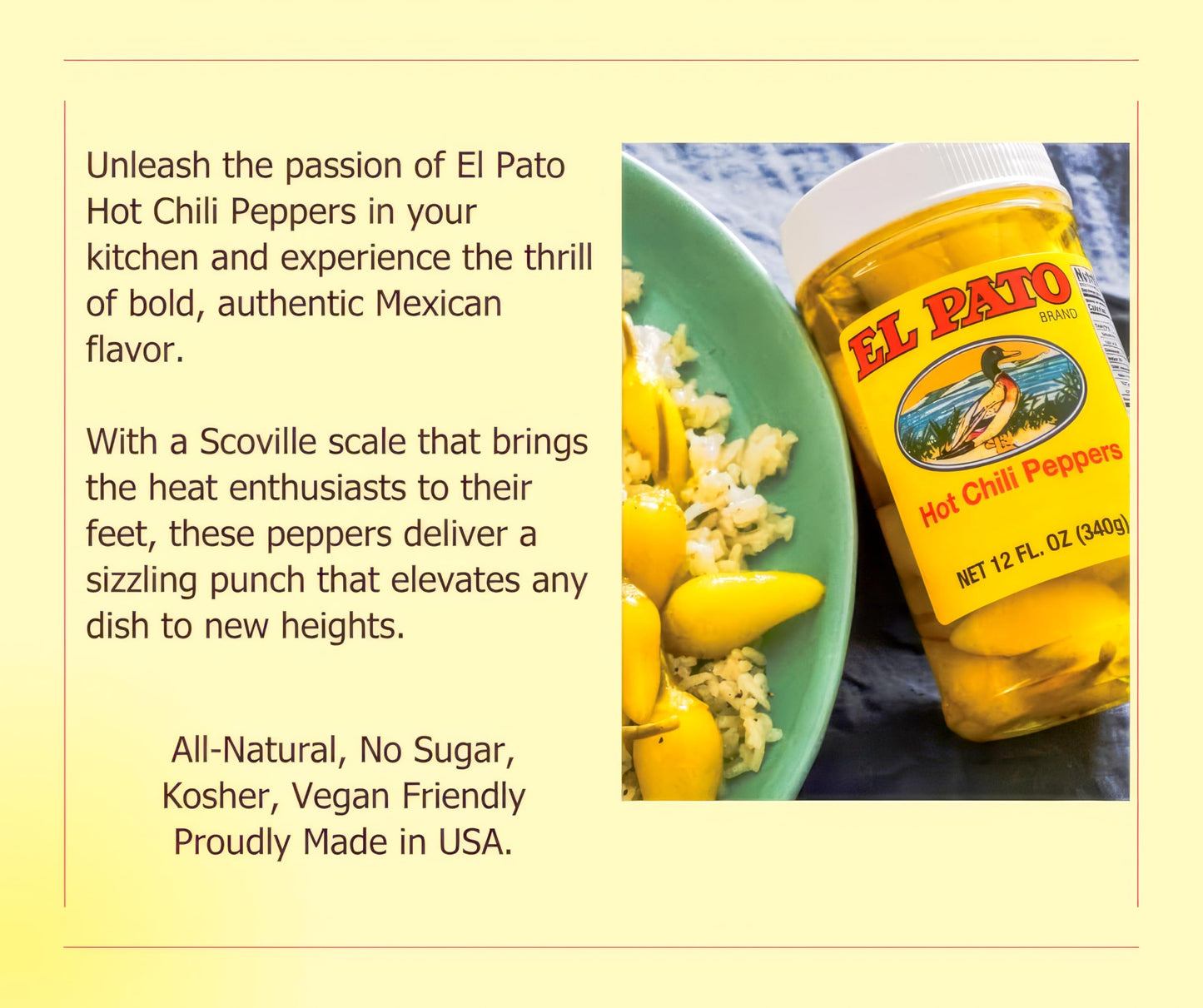 El Pato Hot Chili Peppers 22Oz Pickled Yellow Chili Peppers 624G Kosher