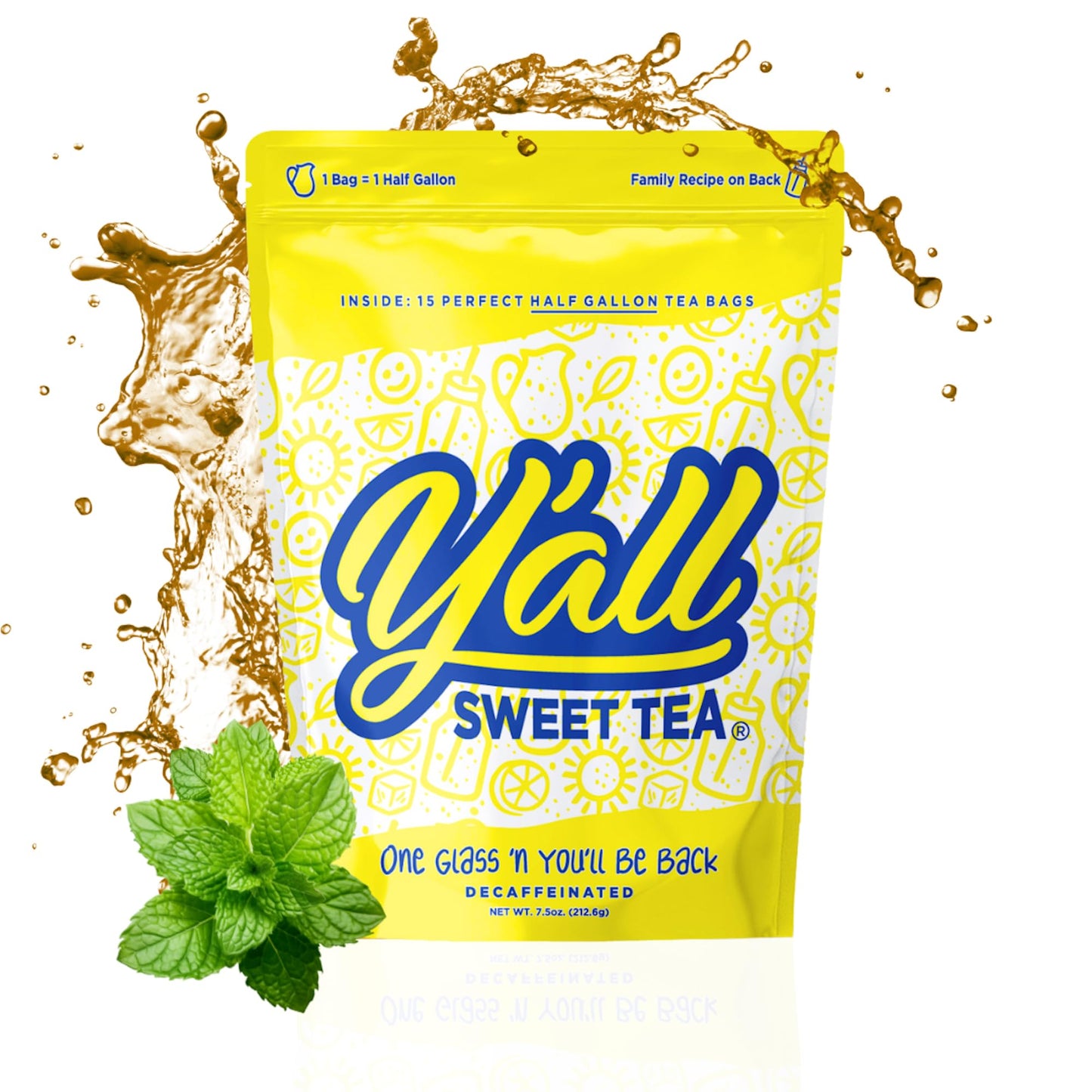 Yall Sweet Tea Decaf Iced Tea Bags, 1/2 Gallon Size, 15 Bags, Quick Brew, As Seen on Shark Tank