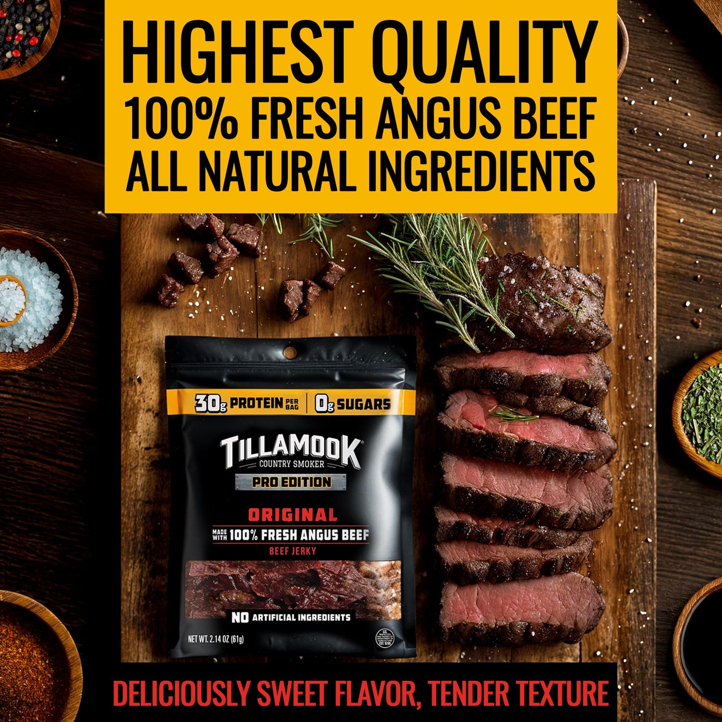 TILLAMOOK COUNTRY SMOKER Beef Jerky, Zero Sugar, Original, 2.14 Oz, Low Carb, High Protein, Gluten Free