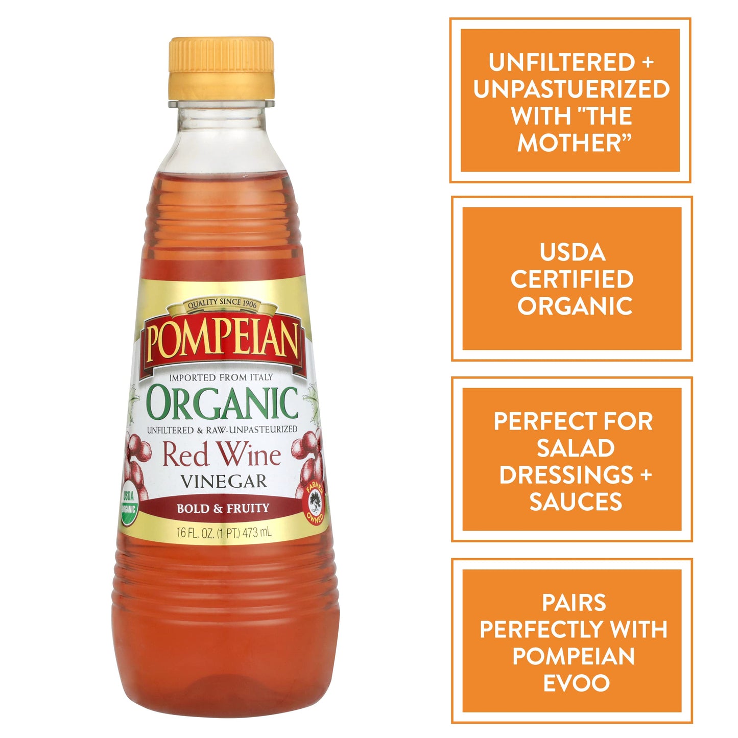 Pompeian Organic Red Wine Vinegar, Unfiltered & Unpasteurized, 16 Fl Oz, Pack of 6
