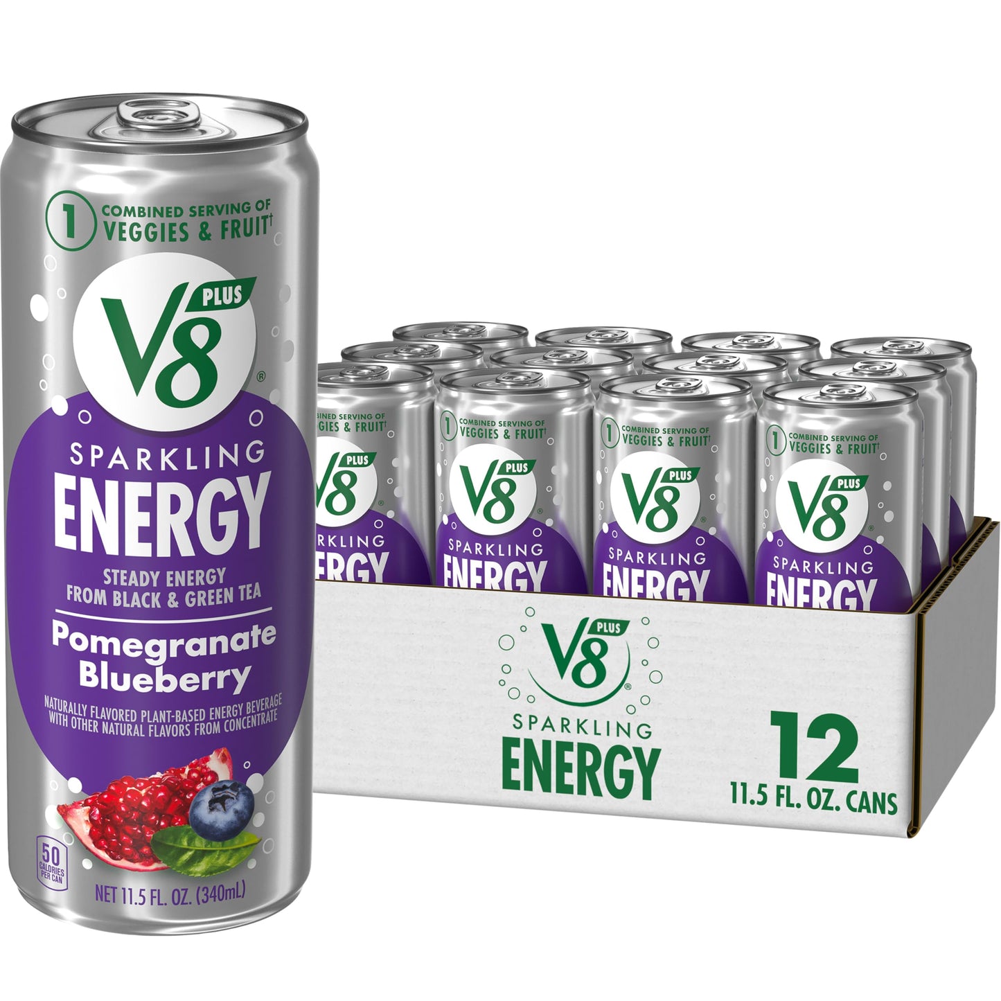 V8 +Energy Sparkling Pomegranate Blueberry Juice Energy Drink  11.5 fl oz Can (12 Pack)