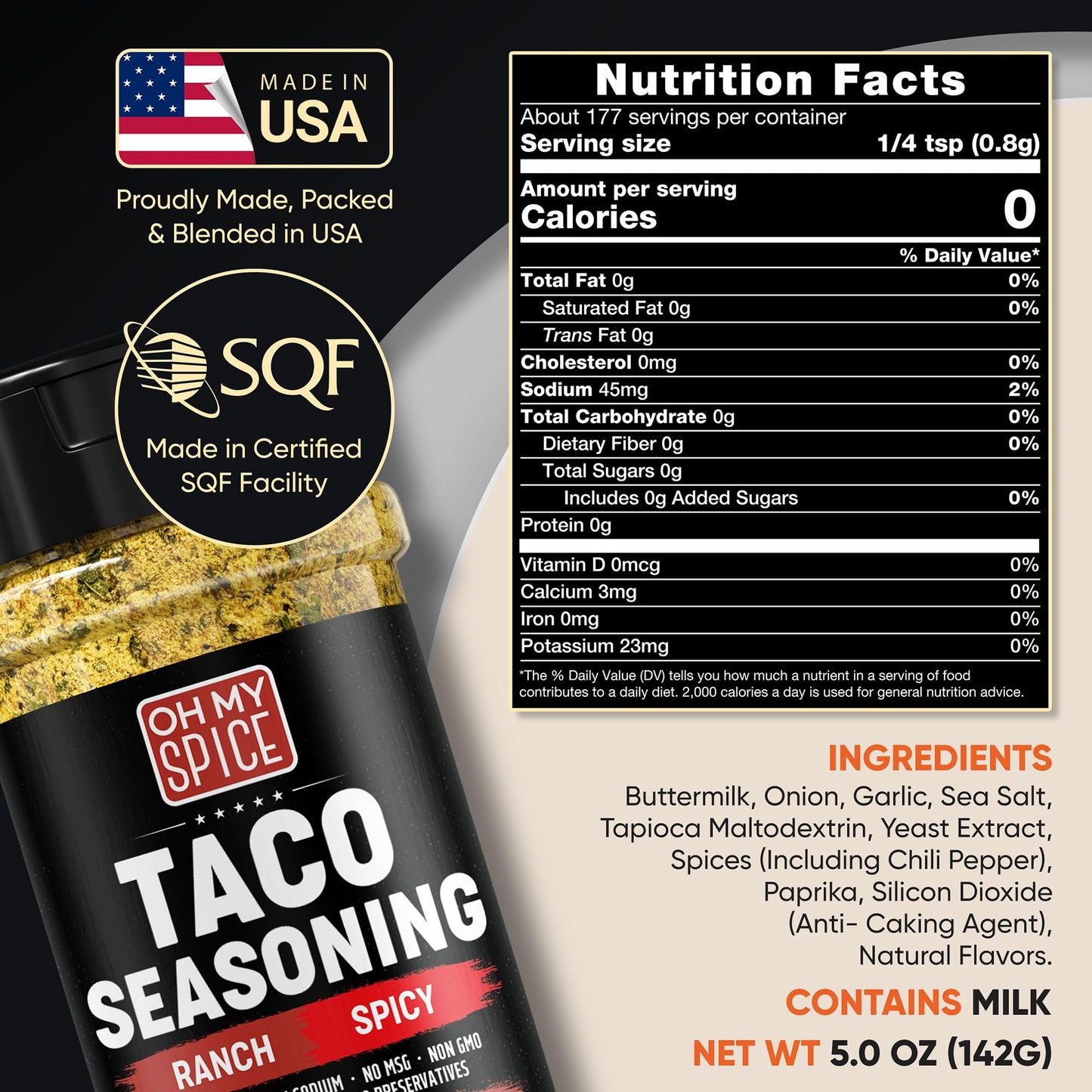 Taco Seasoning Mix Spicy Ranch Seasoning Powder - Gluten Free & Low Sodium Hot Mexican Seasonings Blend For Taco Tuesday Night.