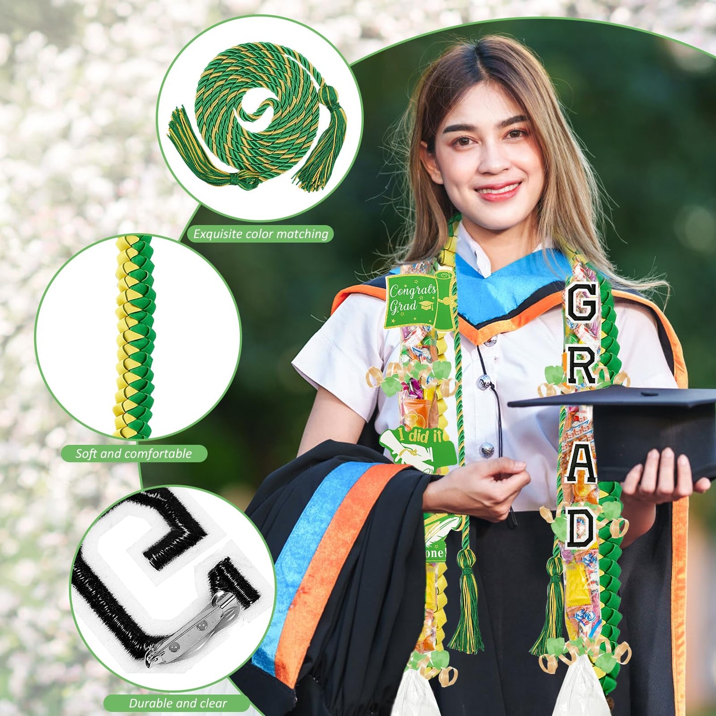 TKNOUS Graduation Ribbon Leis Kit, 10 Pcs Green Gold Candy Lei with Honor Cord, Class of 2025, Polyester, Model Lei-G