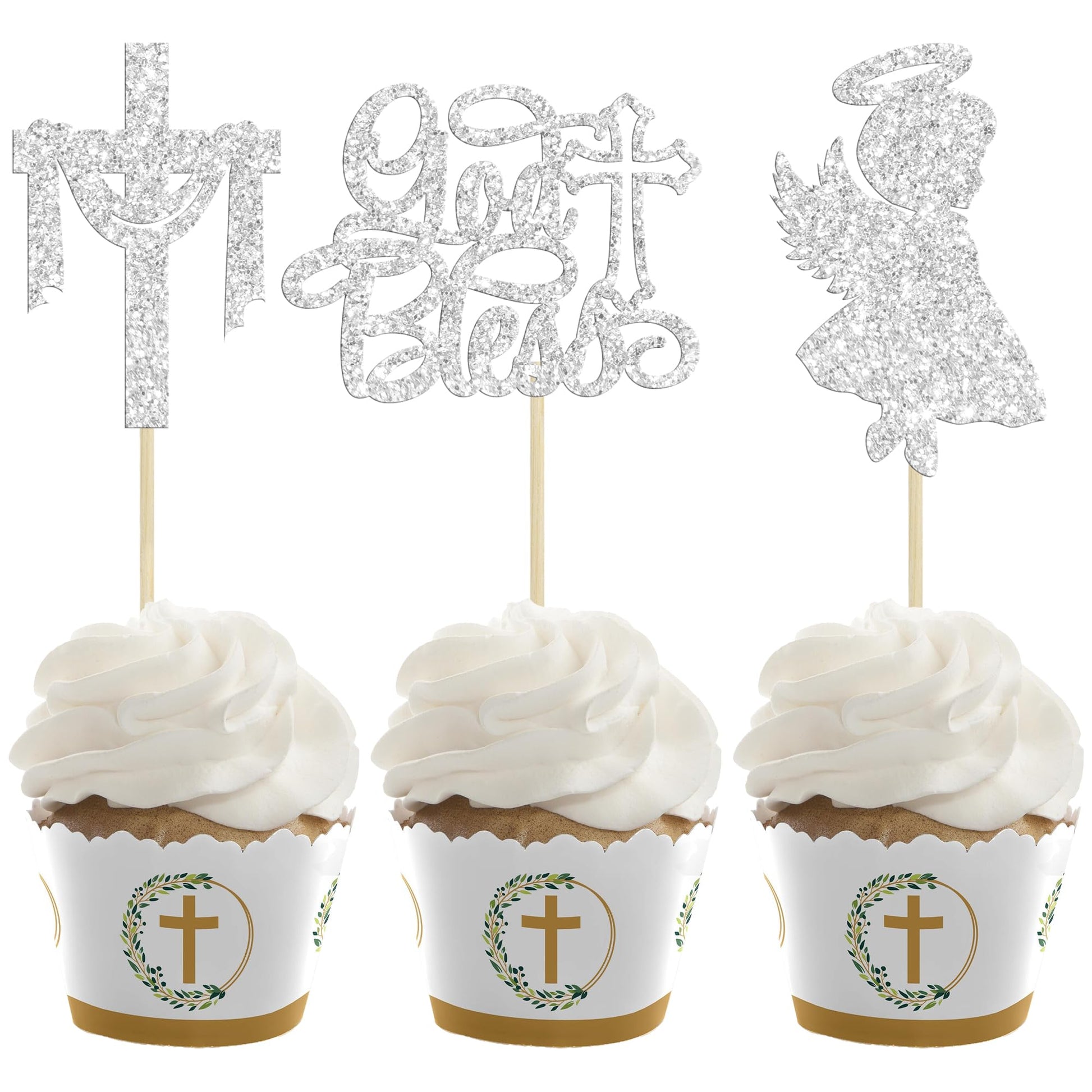 Gyufise Cupcake Toppers - 24Pcs Glitter Cross for Baptism and First Communion, Silver, Paper