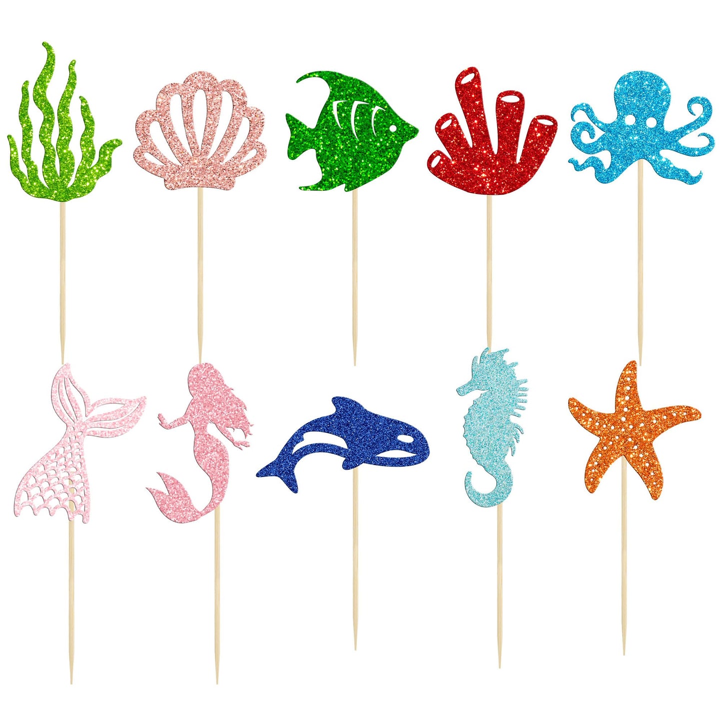 Gyufise 30Pcs Mermaid Cupcake Toppers Glitter Starfish Coral Mermaid Tail Cupcake Picks Octopus Seahorse Jellyfish Cake Decorati