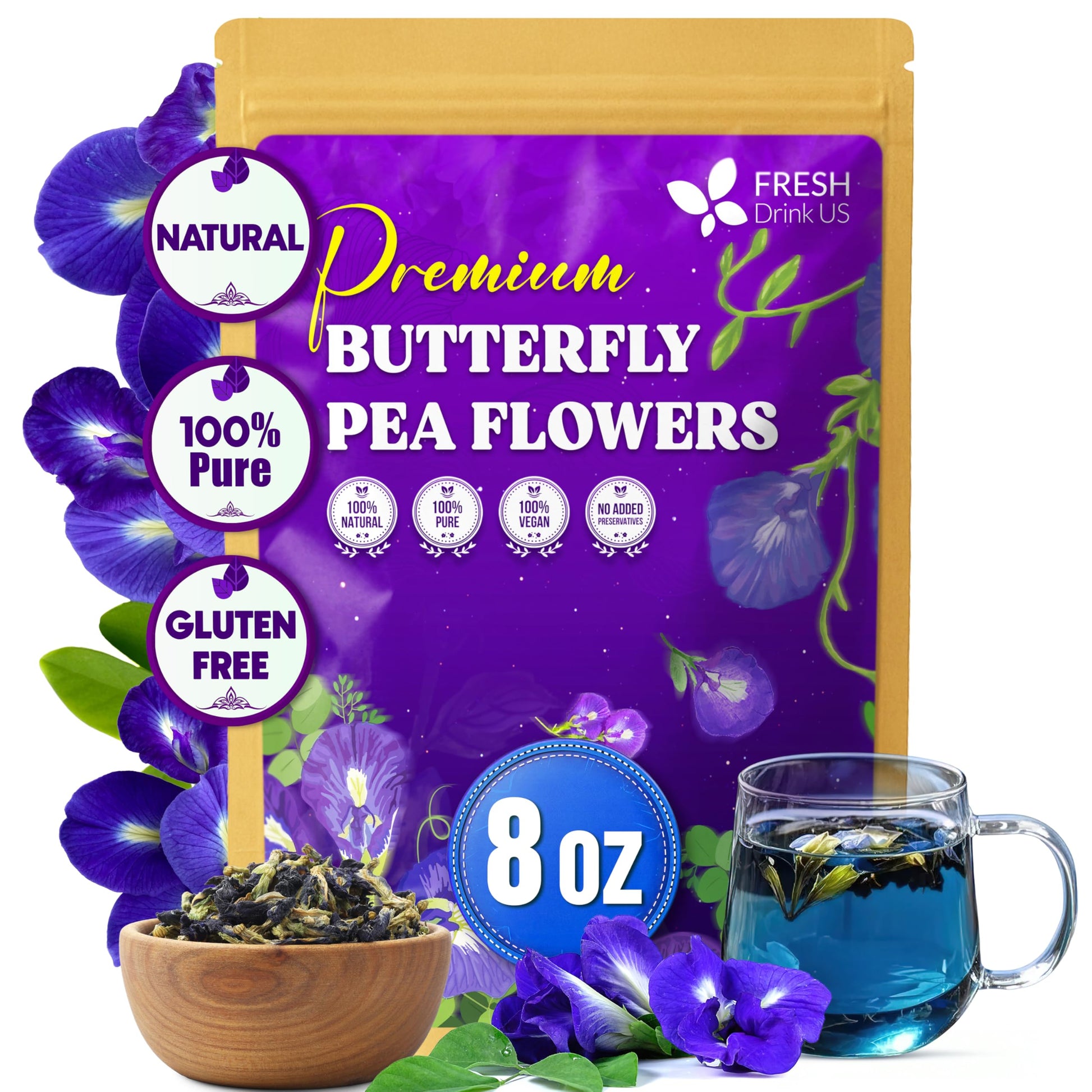 Freshdrinkus  Top-Grade 8Oz Blue Butterfly Pea Flowers Dried - Top-Grade Whole Flower Herbal Tea - Vibrant Blue Natural Color - Energy Blend-Free Loose Flower Tea. Vegan