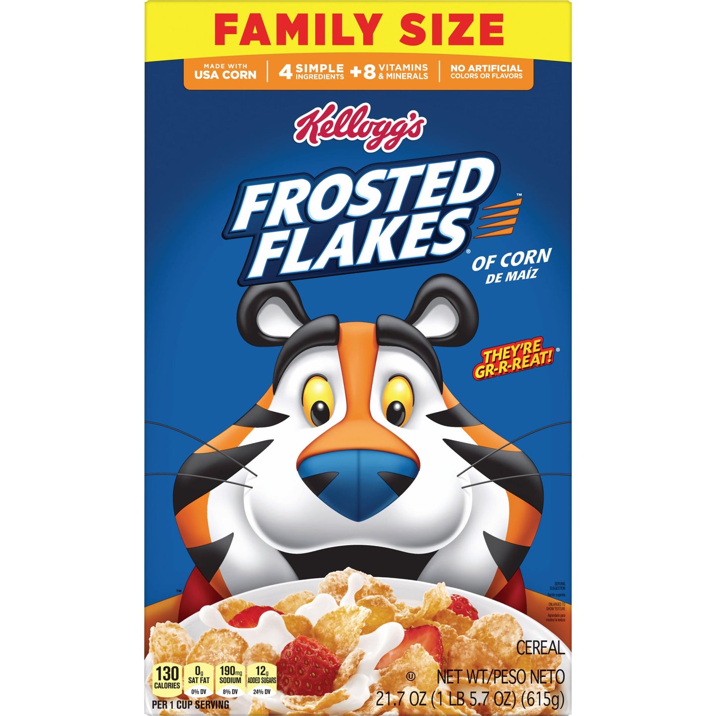 Kelloggs Frosted Flakes Breakfast Cereal, Fat Free, Family Size, 21.7 oz