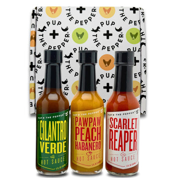 Pup & The Pepper Hot Sauce 3 Pack Gift Box - PawPaw Peach Habanero, Scarlet Reaper, & Cilantro Verde - Small Batch Gourmet Hot S