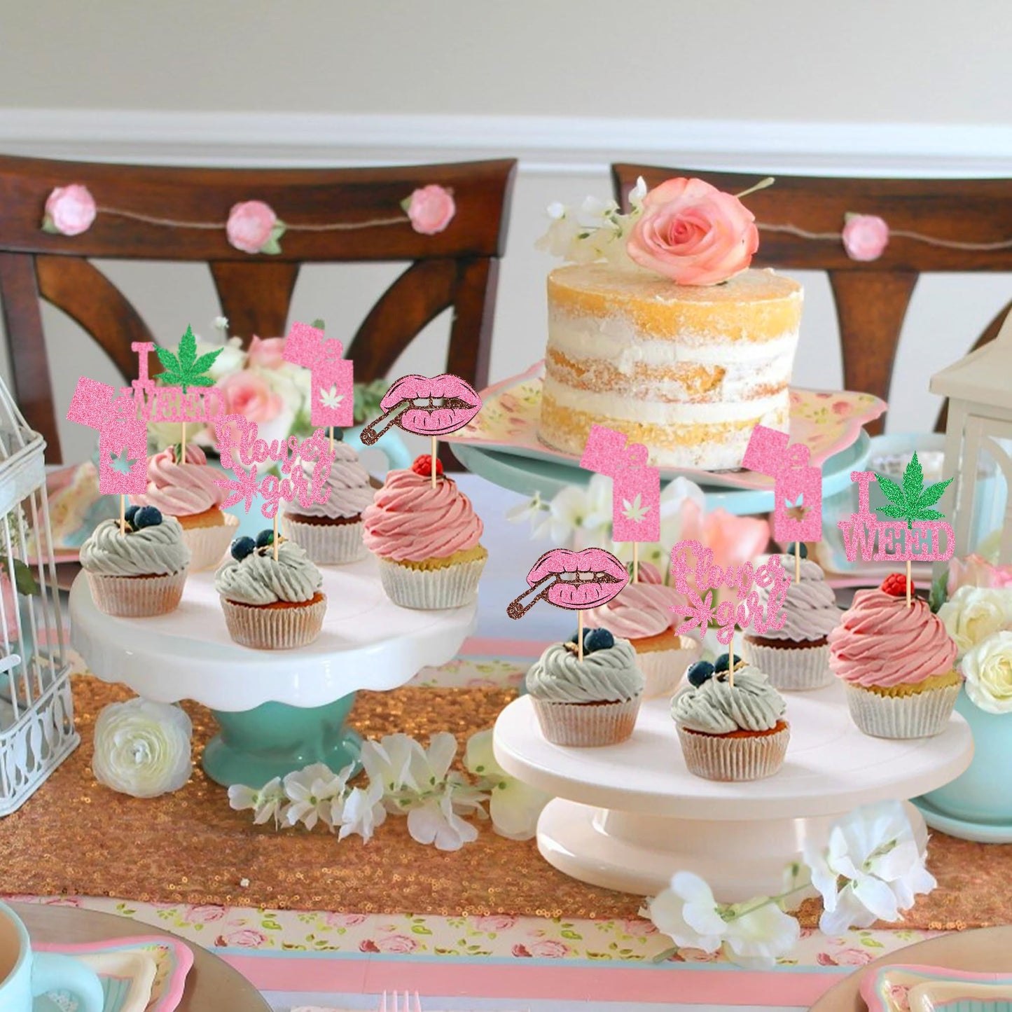Ercadio Cupcake Toppers, 24 PCS Pink Cardstock Happy Birthday Party Supplies