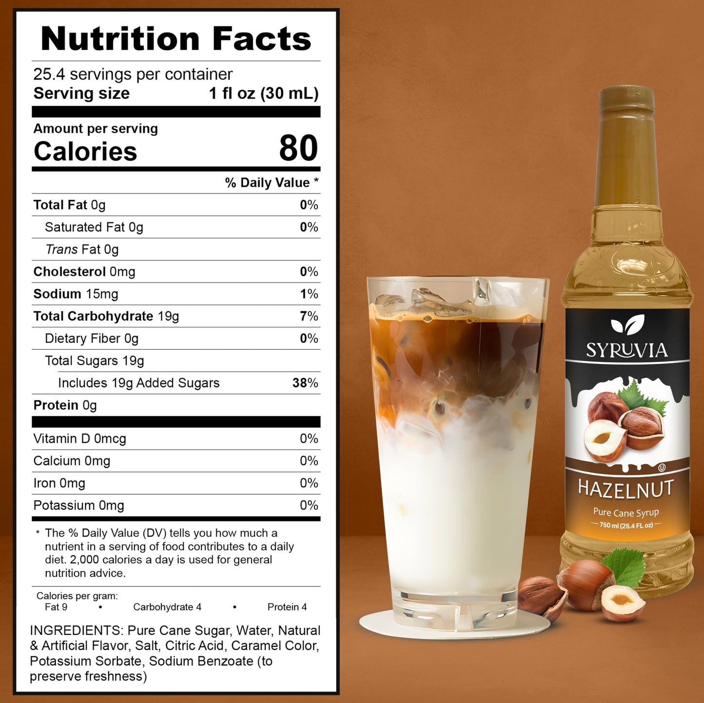 Syruvia Hazelnut Syrup - Hazelnut Coffee Syrup Flavor, 25.4 Fl Oz, Kosher, Gluten Free, Perfect For Coffee, Drinks, Soda, Desser
