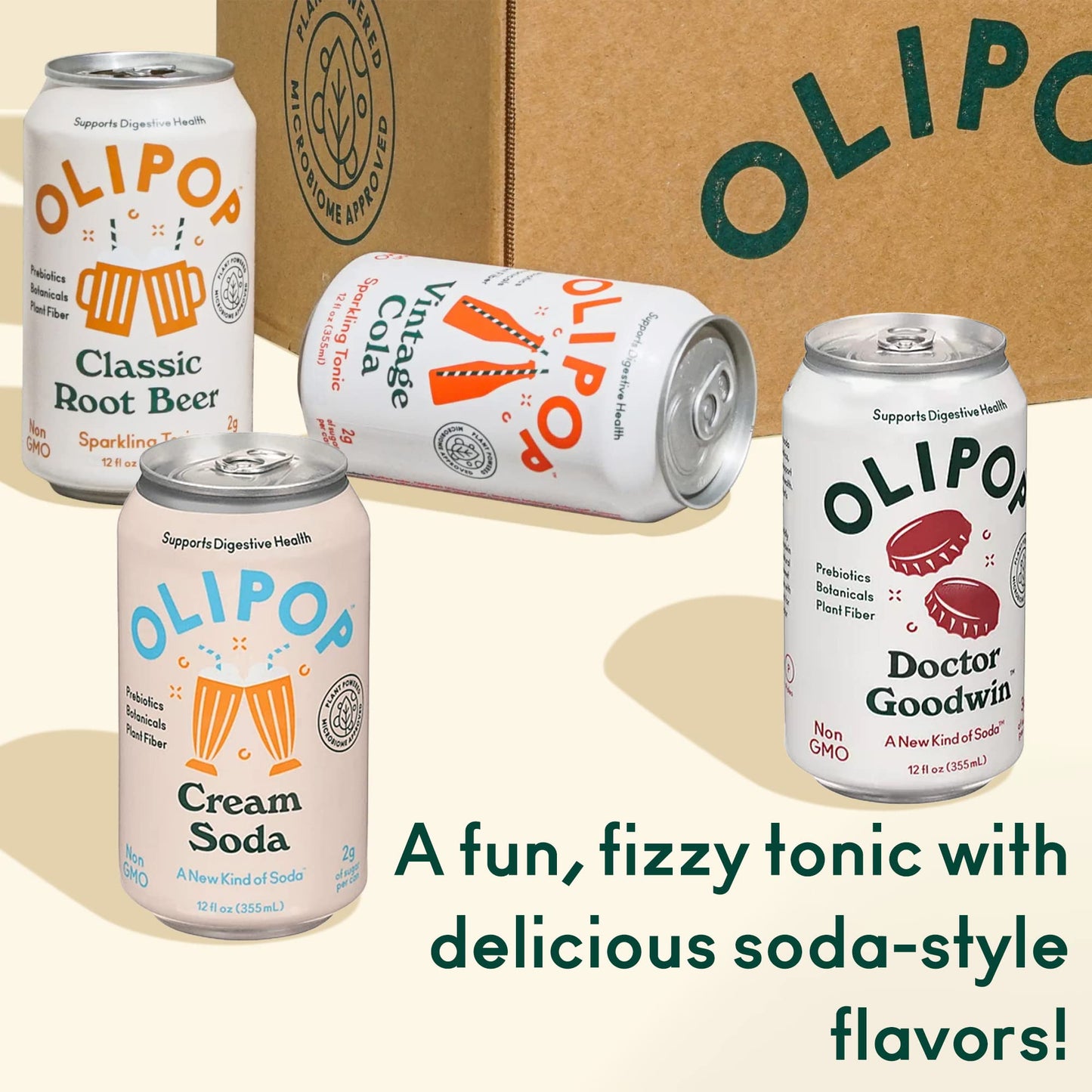 OLIPOP - 4-Flavor Sparkling Tonic Retro Greatest Hits Variety Pack, Prebiotic Soda Sampler, Rich in Botanicals,High Fiber, Vegan