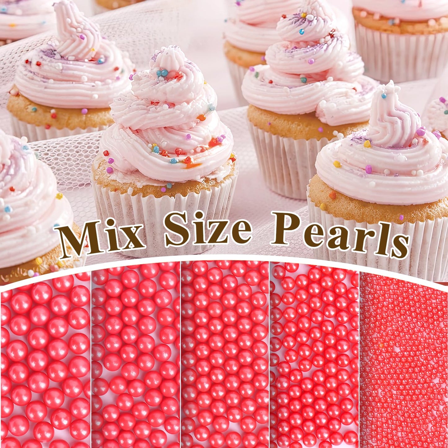 Twisweet Red Pearl Sprinkles for Cake Decorating, Edible Sugar Pearls for Baking, Mix Size, Cake Topper Cupcake Cookie Ice Cream