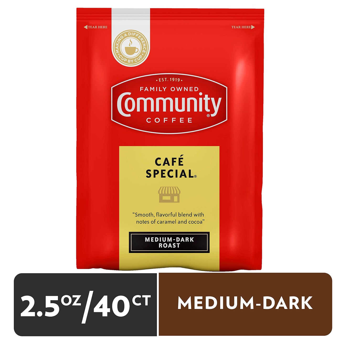 Community Coffee Café Special Pre-Measured Coffee Packs, Medium Dark Roast, 2.5 Ounce Each, Box of 40