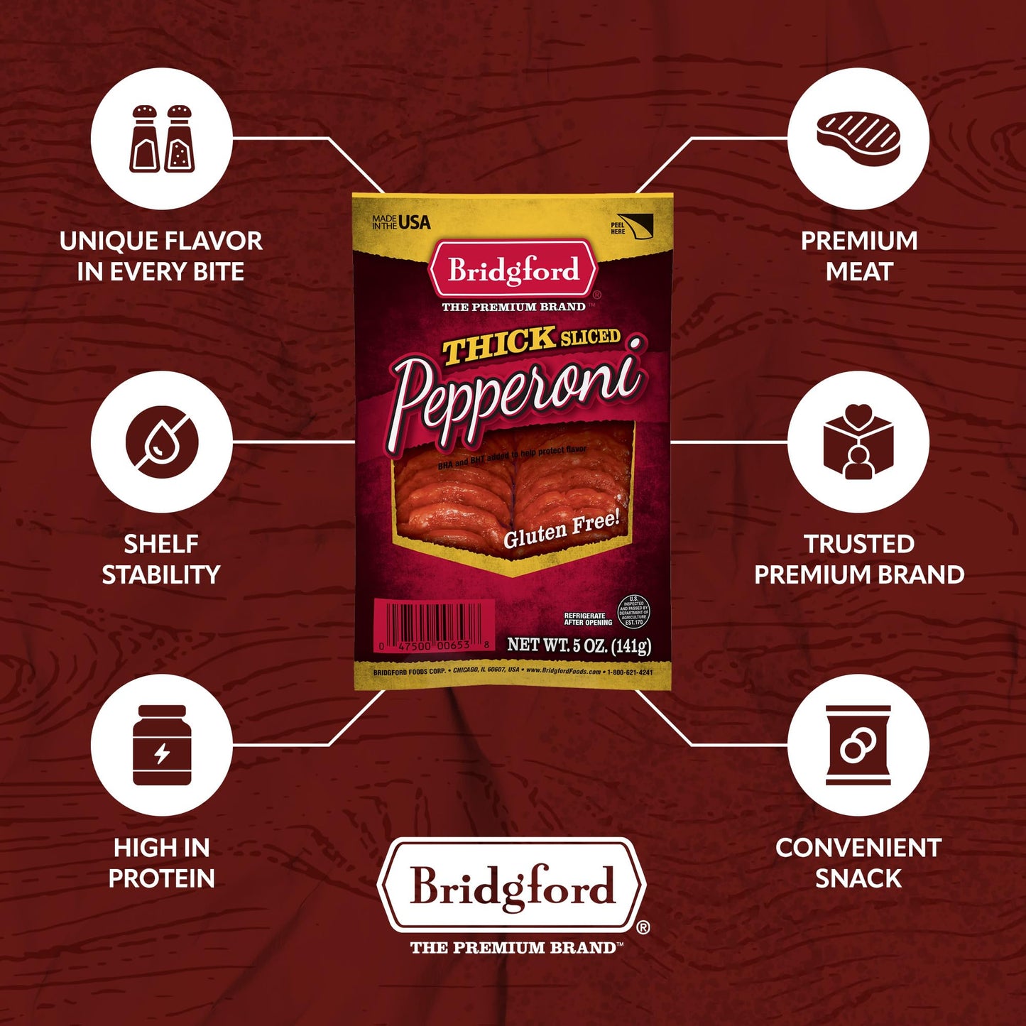 Bridgford Thick Sliced Pepperoni 5 Oz Pack Of 4 - Thick Pepperoni Slices For Pizza And Sandwiches - Zero-Carb Thick Sliced Peppe