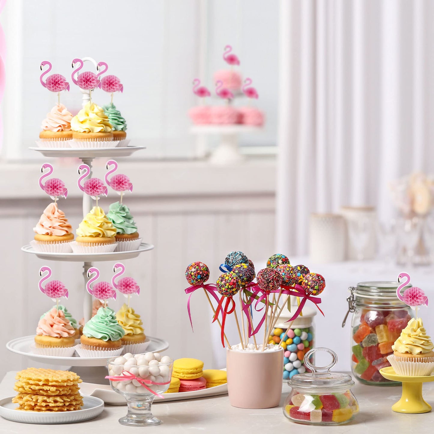 Gyufise Luau 3D Flamingo Cupcake Toppers Tropical Aloha Flamingo Cupcake Picks For Summer Hawaiian Luau Tropical Theme Baby Show