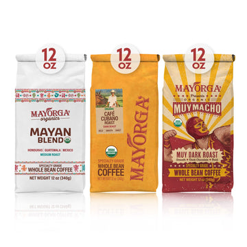 Mayorga Dark Roast Coffee Gift Pack Of 3, 12 Oz Bags- Mayan Blend, Cubano Roast And Muy Macho - 100% Arabica Caf   Whole Coffee 