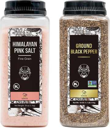 Soeos Himalayan Pink Salt Fine 39 oz + Organic Ground Black Pepper 18 oz, Salt and Pepper for Grinder Refill