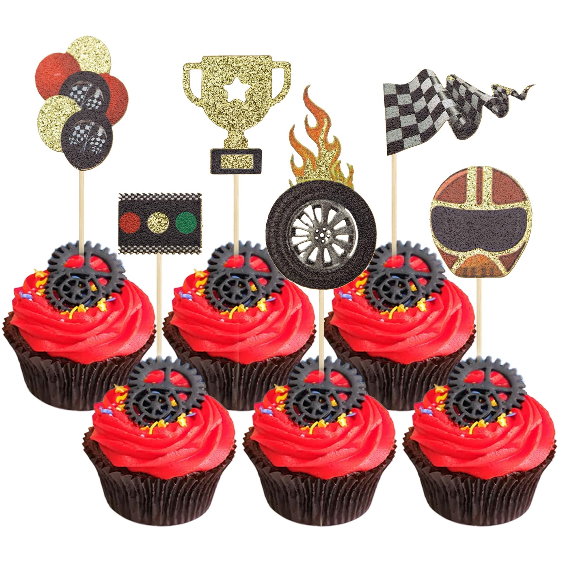 Gyufise 24 Pack Race Car Cupcake Toppers For Boy Birthday Racing Car Theme Trophy Flag Wheel Fruit Picks Party Decoration Let'S