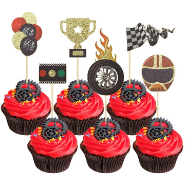 Gyufise 24 Pack Race Car Cupcake Toppers For Boy Birthday Racing Car Theme Trophy Flag Wheel Fruit Picks Party Decoration Let'S