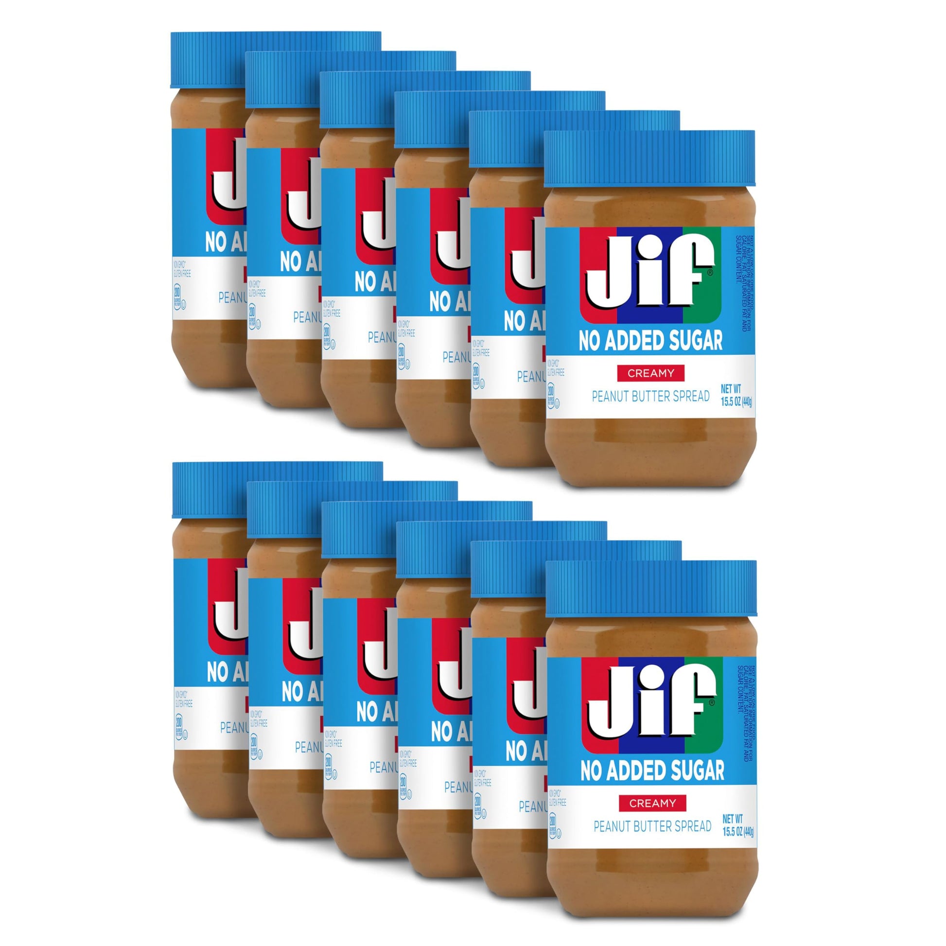 Jif No Added Sugar Creamy Peanut Butter Spread, 15.5 Ounces (Pack Of 12), Smooth, Creamy Texture, No Stir Peanut Butter Spread