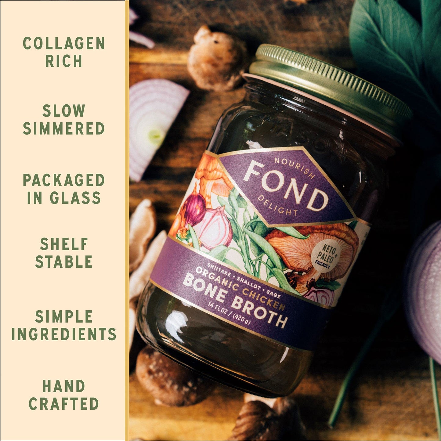 FOND Regenerative Pasture-Raised Chicken Bone Broth Infused with Organic Shiitake & Sage - Slow-Simmered Chicken Broth for Rich