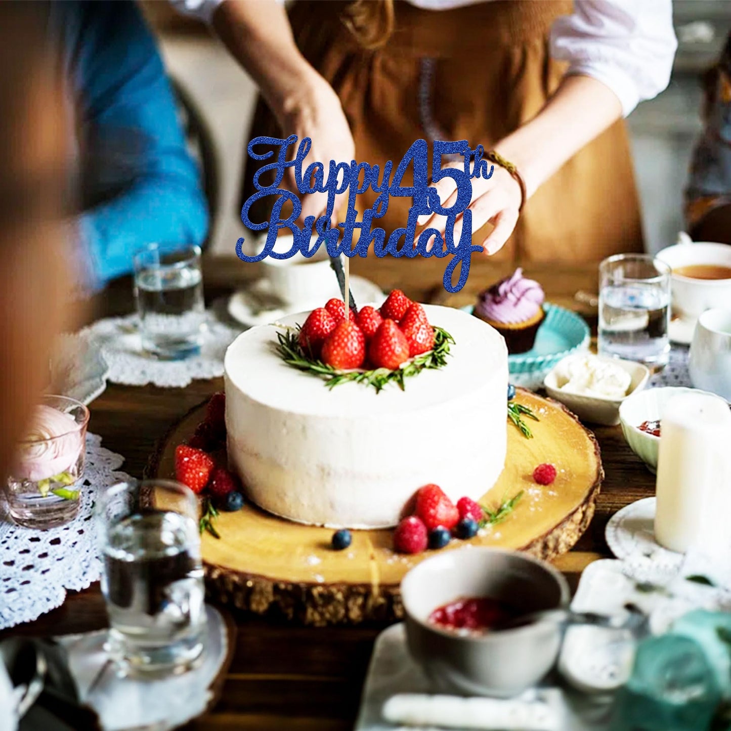 Gyufise 1Pc Happy 45Th Birthday Cake Topper Blue Glitter 45Th Birthday Cake Pick Cheers To 45 Years Old Forty Five Fabulous Cake