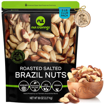 NUT CRAVINGS - Brazil Nuts Roasted & Salted - No Shell, Whole (80oz - 5 LB) Bulk Nuts Packed Fresh in Resealable Bag - Healthy P