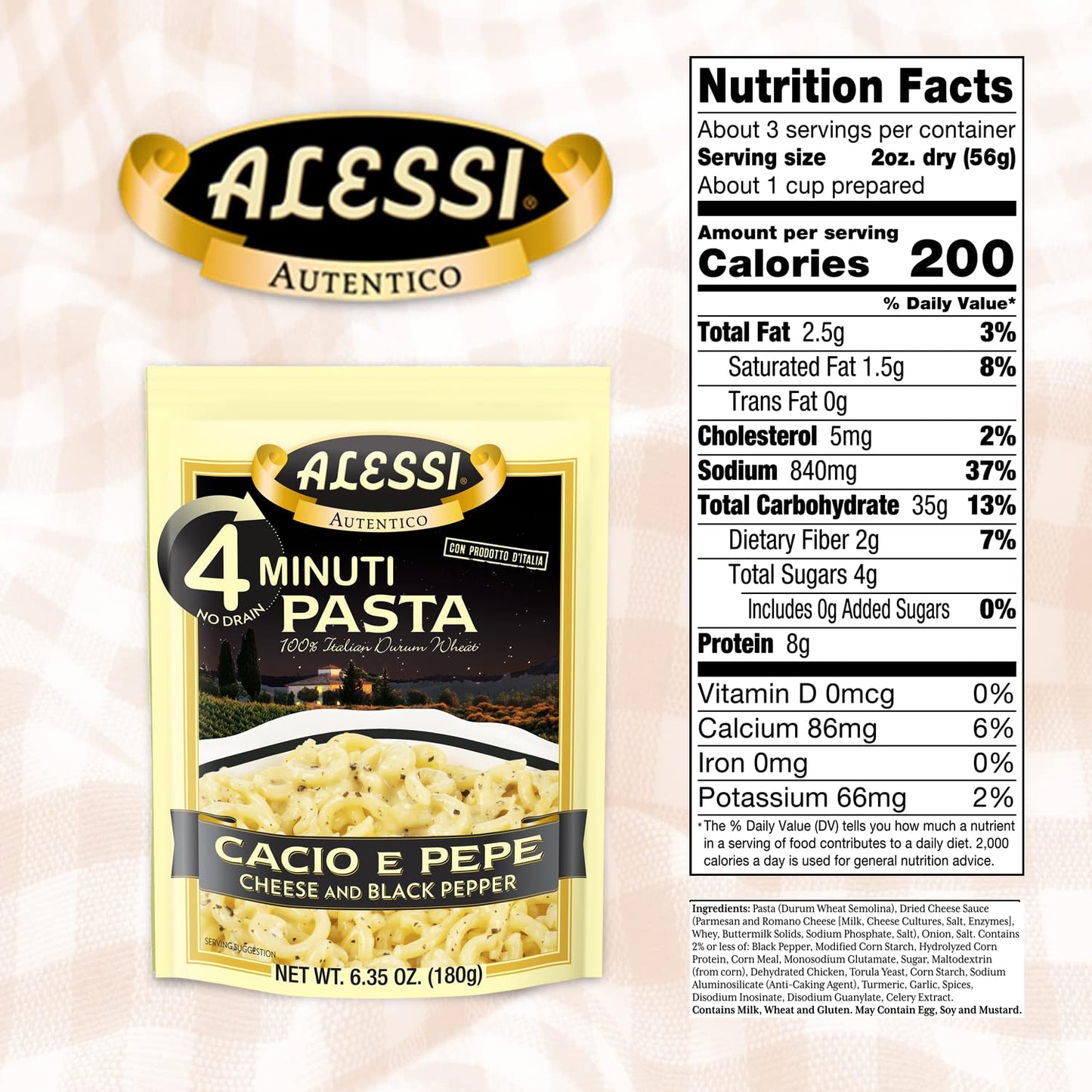Alessi 4 Minute Pasta, One Dish Quick Meals, Stovetop Or Microwave, Dinner Or Side Ready In Minutes (Cheese & Black Pepper, 6.35 Ounce (Pack Of 6))