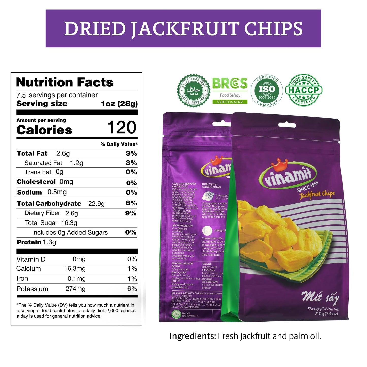 Vinamit Dried Jackfruit Chips | Vacuum Fried Dried Jackfruit | 7.4 oz Bag | Naturally Sweet & Crispy | Gluten-Free, Vegan, Non G