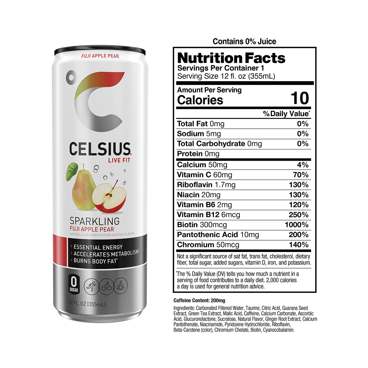 CELSIUS Sparkling Fuji Apple Pear, Functional Essential Energy Drink 12 Fl Oz (Pack of 24)