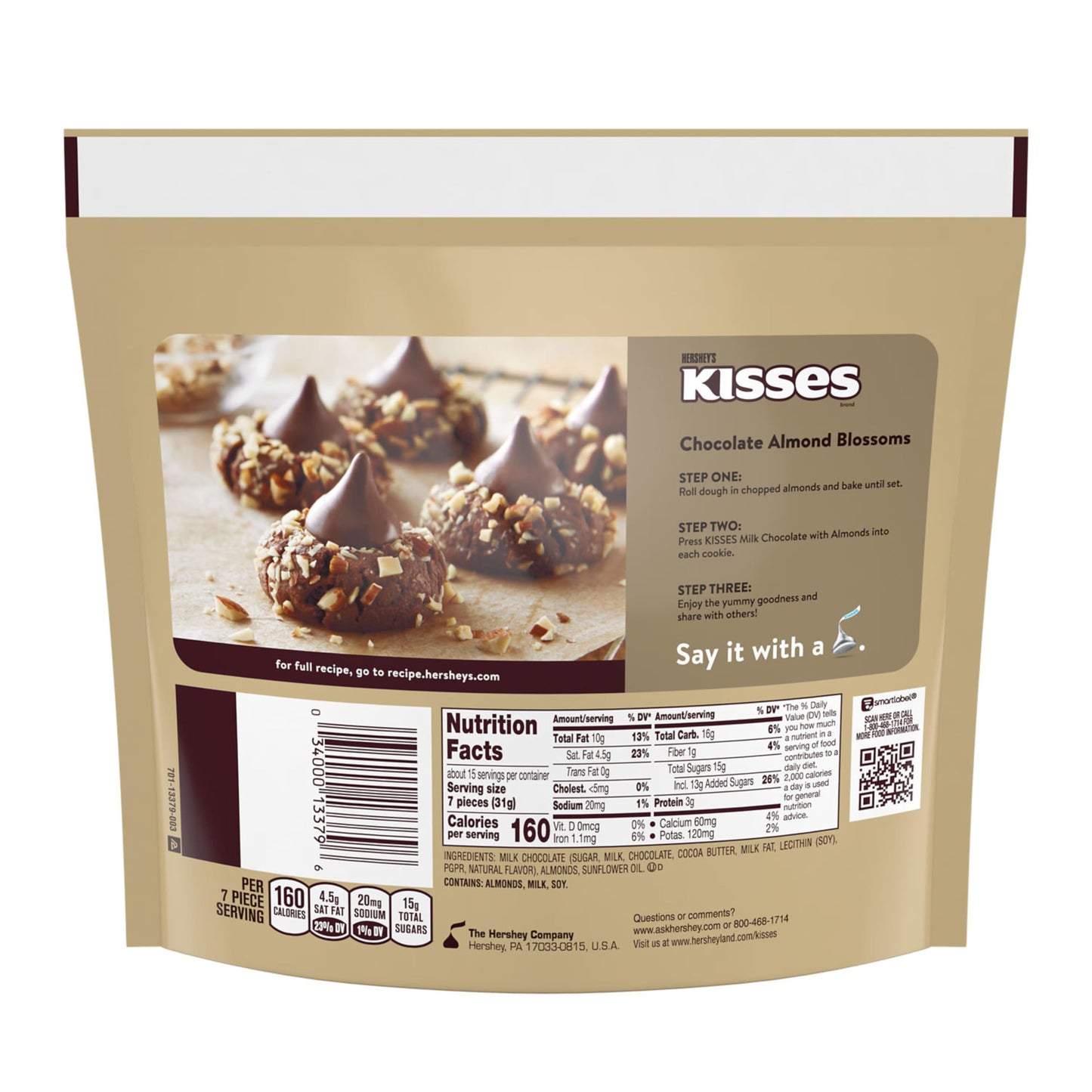 HERSHEYS KISSES Milk Chocolate with Almonds Candy Family Pack, 16 oz