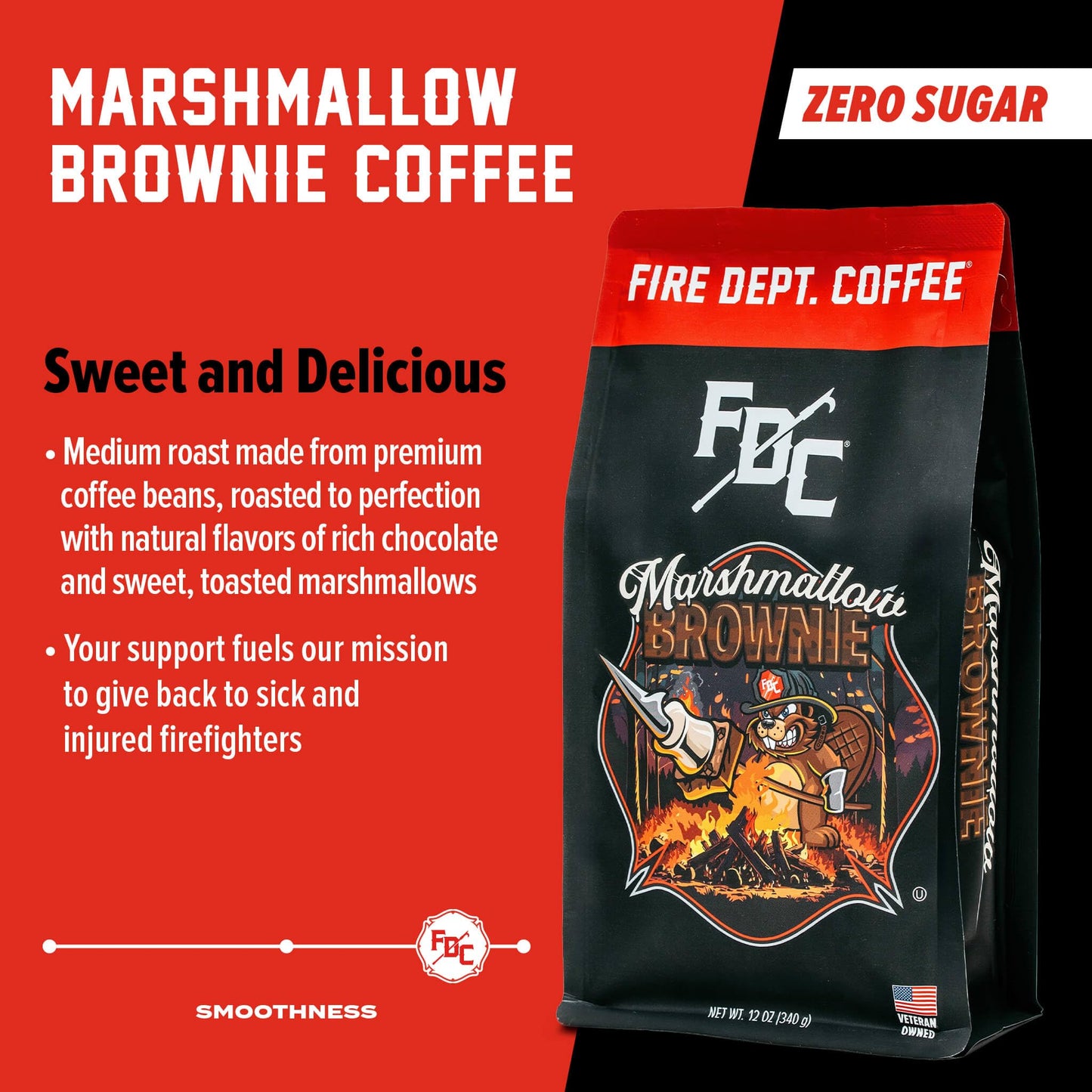 Fire Department Coffee - Gives Back to Firefighters - Marshmallow Brownie Ground Coffee - Roasted in the USA - Made with enhanced Coffee Beans - Veteran Owned 12 oz