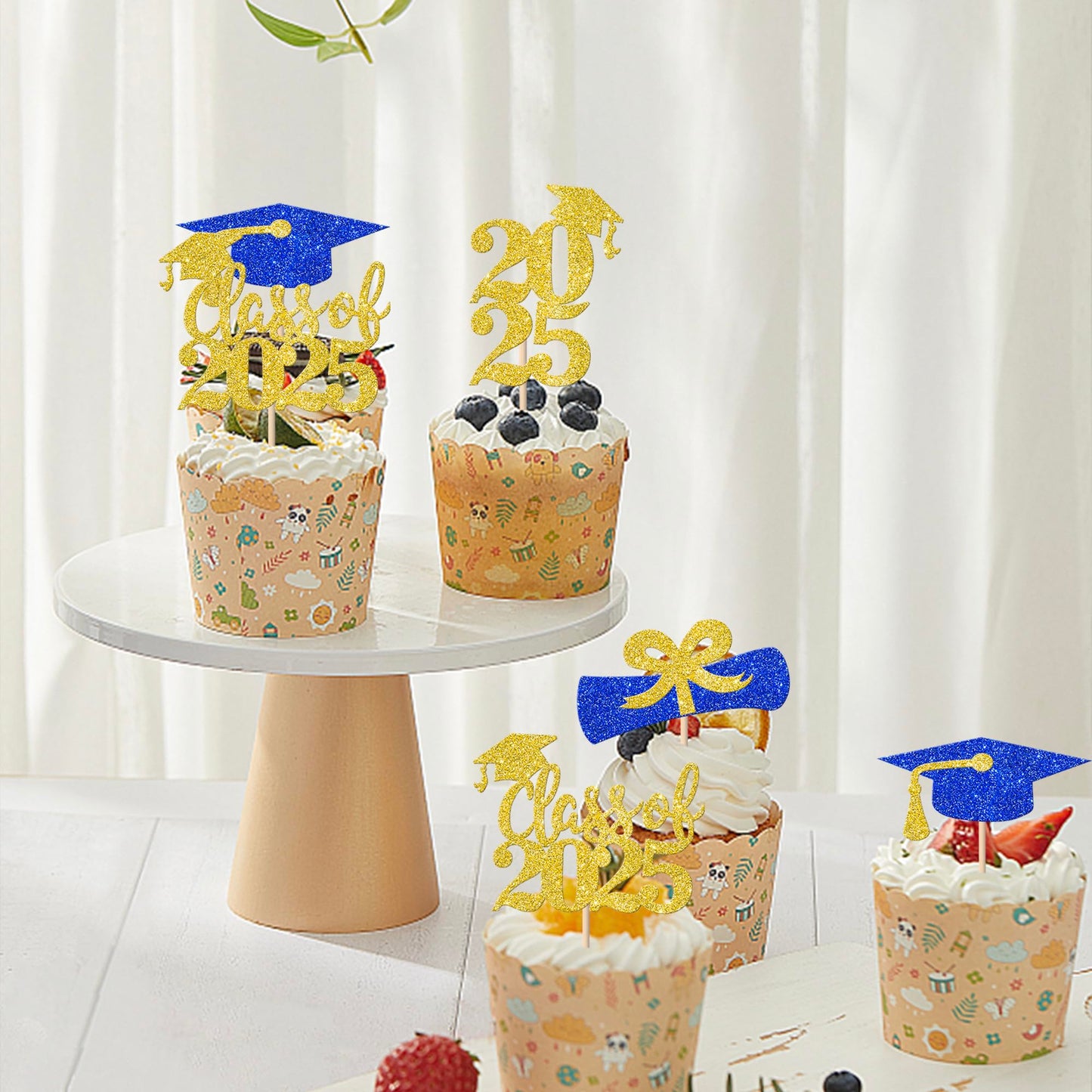YCTHUNFISH 24 Pack Cupcake Toppers Graduation Theme Gold Blue Glitter 2025 Diploma Grad Cap Decorations