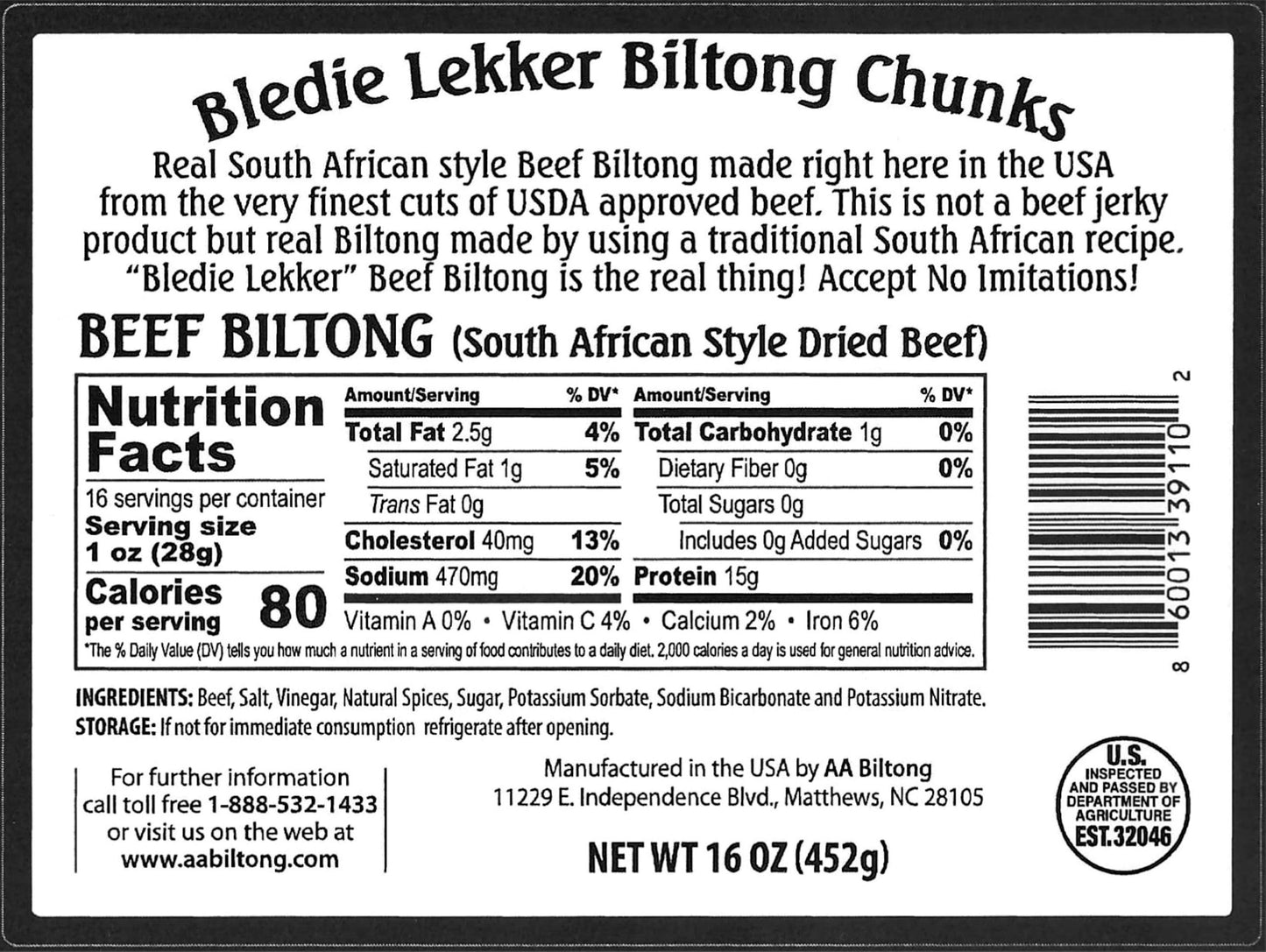 Bledie Lekker Biltong Chunks One Pound Resealable Bag - 16Oz