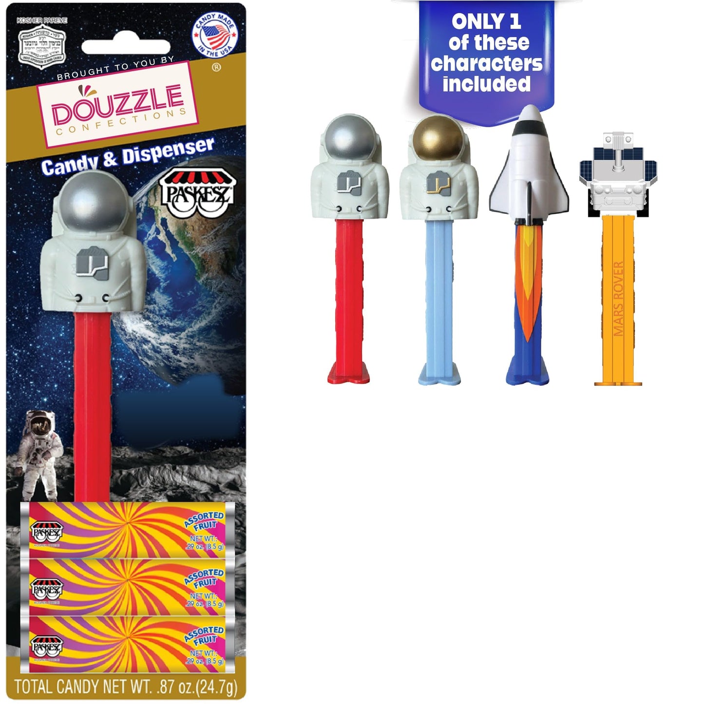 DOUzzle Kosher Pez Candy & Space Mission Dispenser + 3 Assorted Fruit Refills (Pack of 1) Gluten Free, Kosher Parve, USA Made