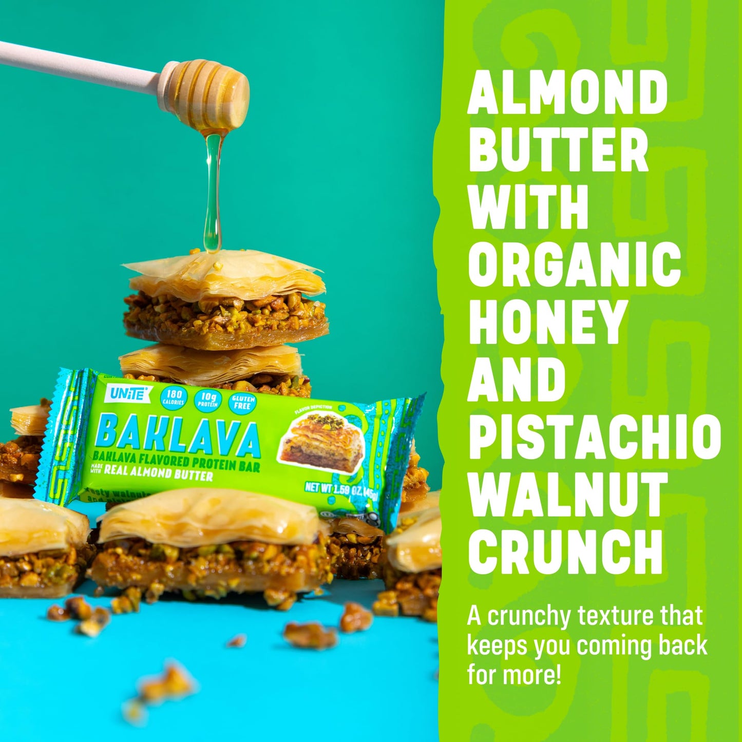 UNiTE Baklava Protein Bars, 10g Protein, Gluten and Soy Free, 12 Count, Almond Butter Snack