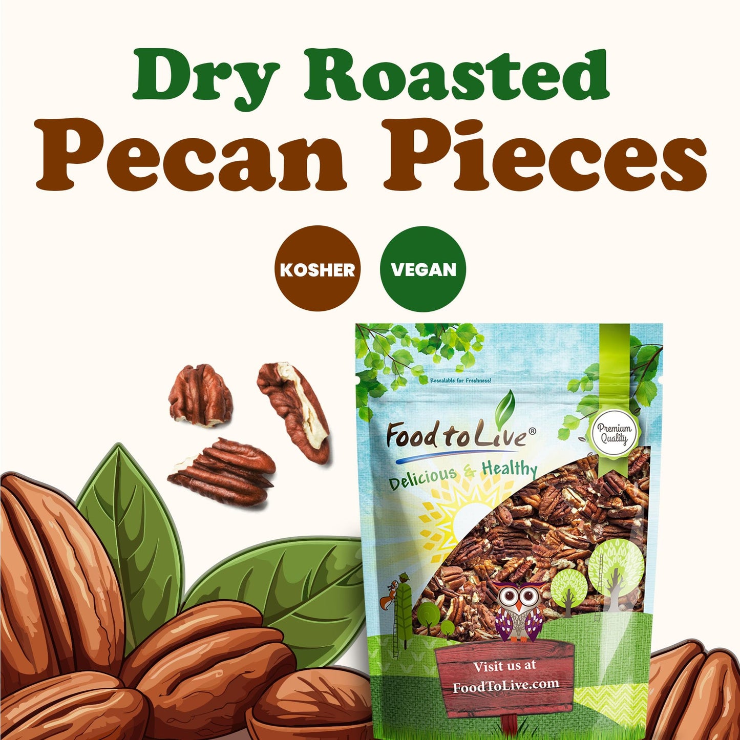 Food to Live Dry Roasted Pecan Pieces, 1.5 Pounds - Rich in Flavor and Crunch, Oven Roasted, No Oil Added, Unsalted, Perfect for