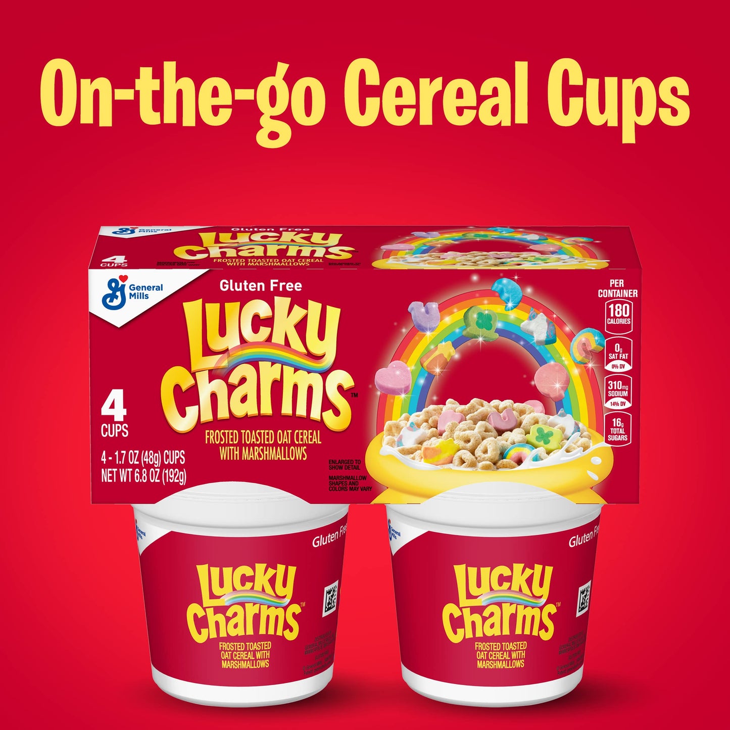 Lucky Charms Gluten Free Cereal with Marshmallows, Kids Breakfast Cereal, Made with Whole Grain, 4 Cereal Cups, 6.8 oz